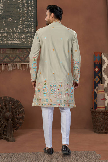 Art Silk Fabric Grey Wedding Wear Readymade Indo Western For Men