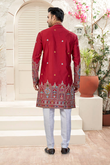 Art Silk Fabric Maroon Wedding Wear Readymade Indo Western For Men