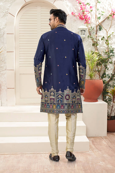 Navy Blue Wedding Wear Art Silk Readymade Indo Western For Men