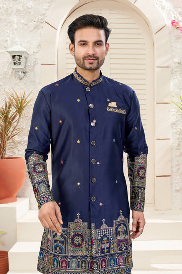 Navy Blue Wedding Wear Art Silk Readymade Indo Western For Men