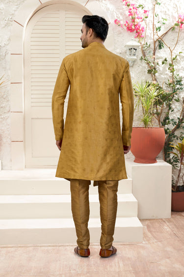 Beige Wedding Wear Jacquard Silk Fabric Readymade Indo Western For Men