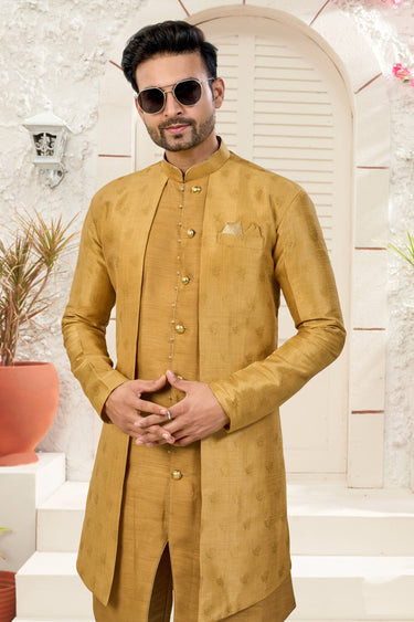 Beige Wedding Wear Jacquard Silk Fabric Readymade Indo Western For Men