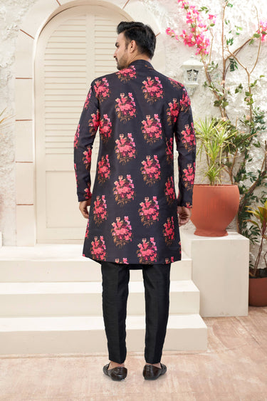 Black Wedding Wear Banarasi Silk Fabric Readymade Indo Western For Men