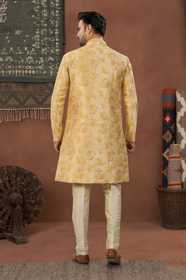 Yellow Wedding Wear Banarasi Silk Fabric Readymade Indo Western For Men