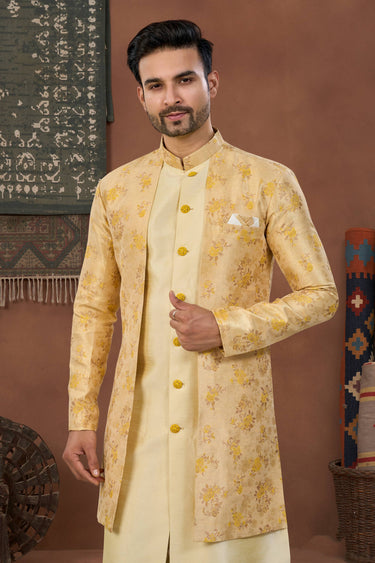 Yellow Wedding Wear Banarasi Silk Fabric Readymade Indo Western For Men