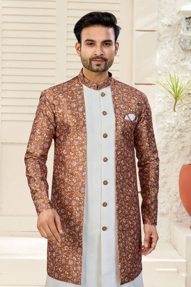 Banarasi Silk Off White Wedding Wear Readymade Indo Western For Men