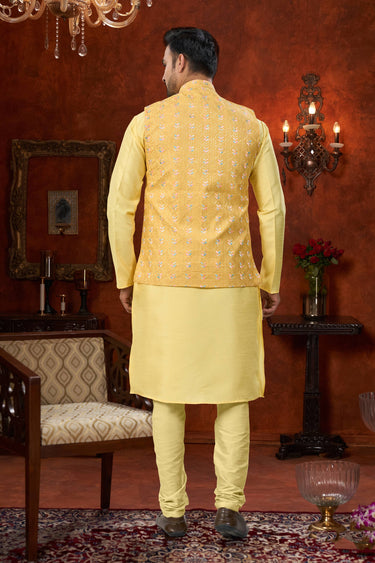 Yellow Wedding Wear Art Silk Readymade Kurta Pyjama For Men