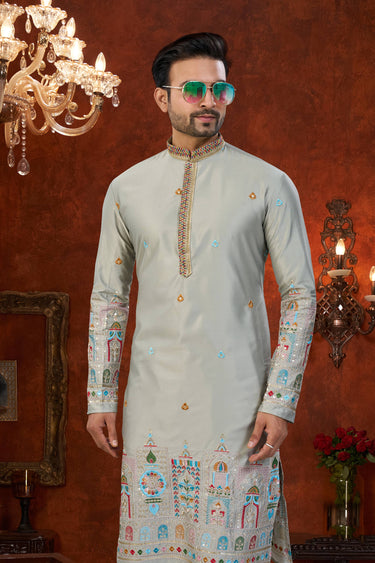 Grey Wedding Wear Art Silk Readymade Kurta Pyjama For Men