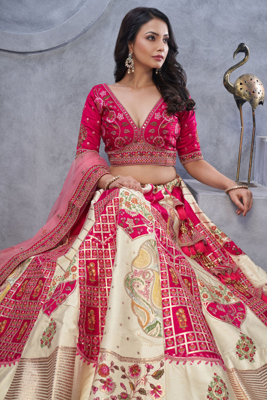 Splendiferous Organza Silk Beige Wedding Lehenga Choli