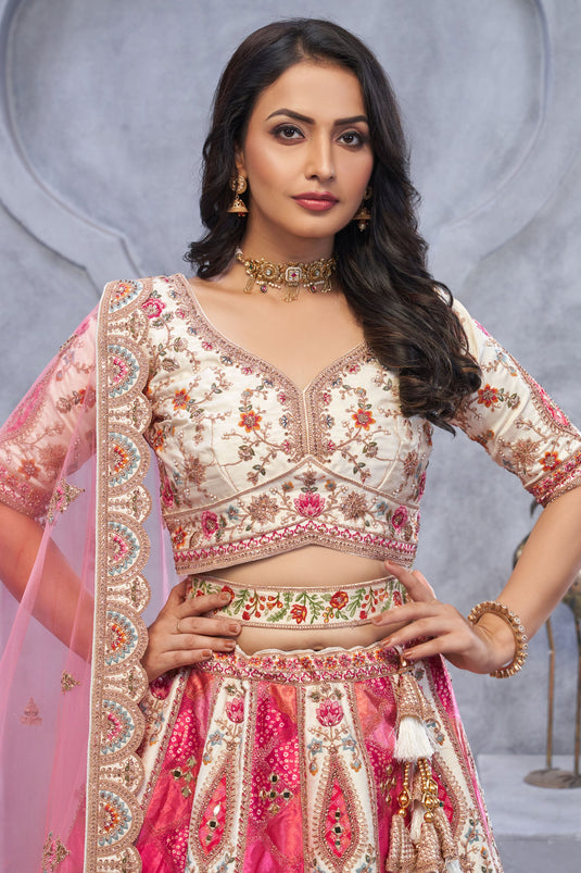 Alluring Organza Silk Beige Wedding Lehenga Choli