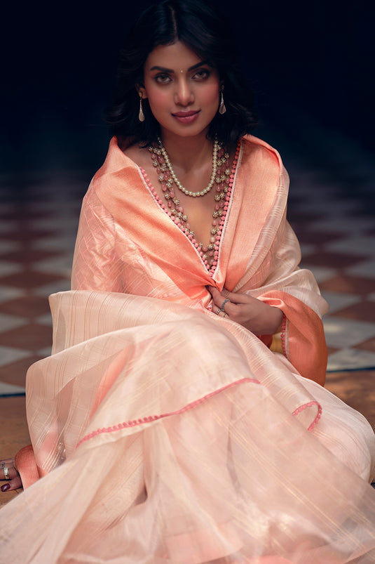 Exquisite Peach Color Organza Festive Wear Saree