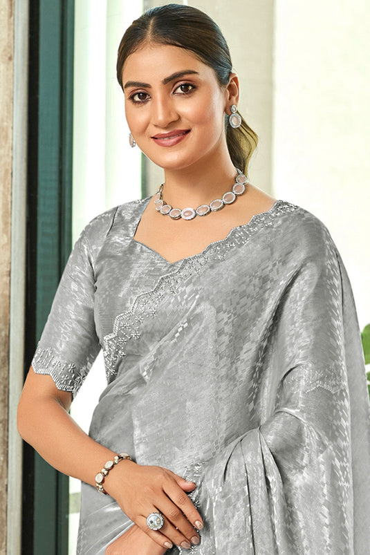 Stunning Grey Art Silk Fabric Saree