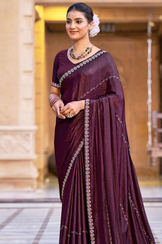 Charming Wine Chiffon Festive Saree With Fancy Border