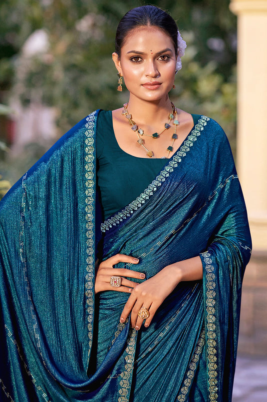 Lovely Teal Chiffon Traditional Festive Wear Saree