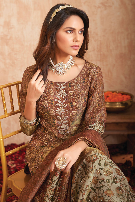 Digital Print Function Wear Salwar Kameez In Brown Color