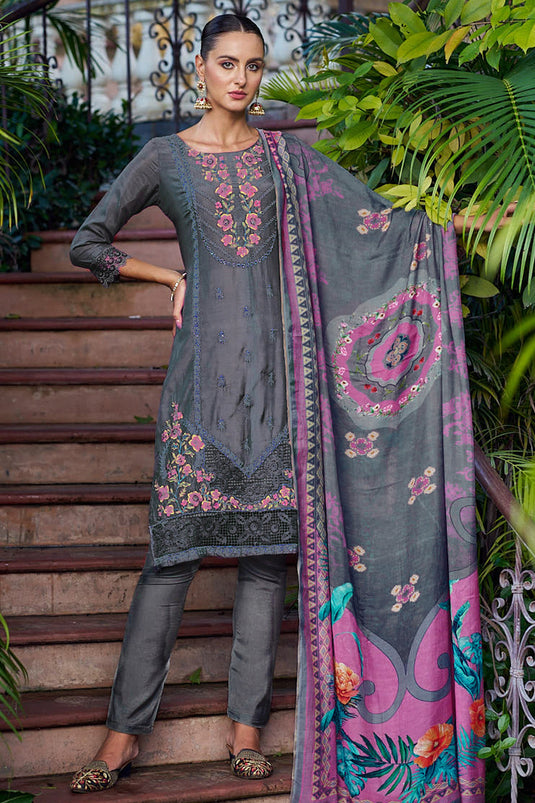 Festive Wear Muslin Fabric Salwar Suit In Grey Color