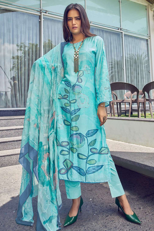 Sky Blue Fancy Printed Casual Salwar Kameez