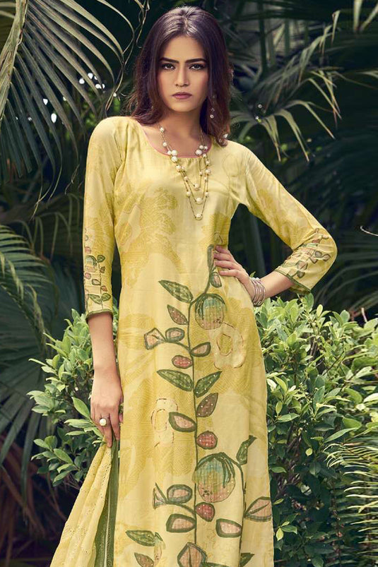 Lemon Yellow Casual Muslin Printed Salwar Kameez