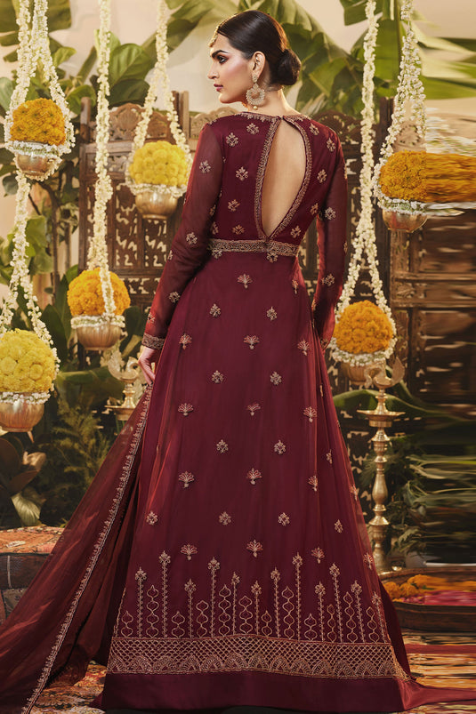 Maroon Function Wear Embroidery Work Anarkali Salwar Suit