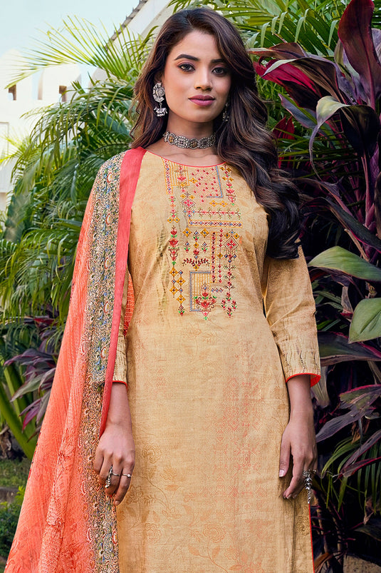 Beige Cotton Casual Printed Palazzo Salwar Kameez