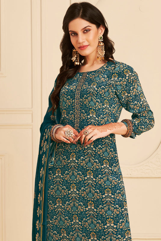 Navy Blue Crepe Printed Casual Patiala Salwar Kameez