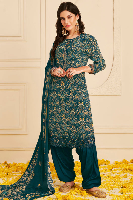 Navy Blue Crepe Printed Casual Patiala Salwar Kameez