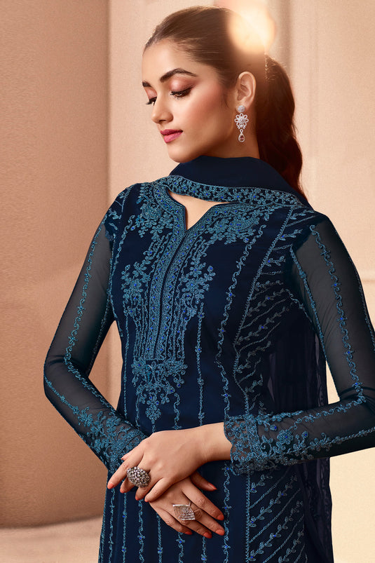 Navy Blue Net Embroidery Festive Wear Palazzo Suit