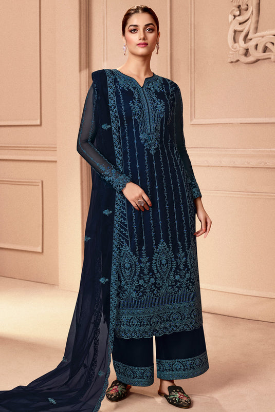 Navy Blue Net Embroidery Festive Wear Palazzo Suit