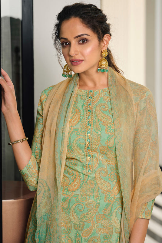 Sea Green Cotton Printed Daily Wear Palazzo Salwar Kameez