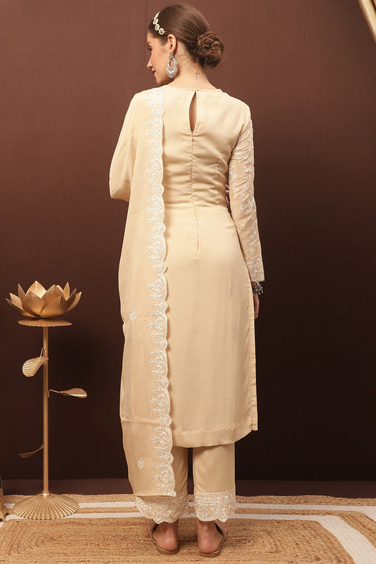 Beige Chinon Embroidered Function Wear Salwar Kameez