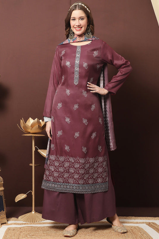 Maroon Art Silk Embroidered Festive Wear Palazzo Salwar Kameez