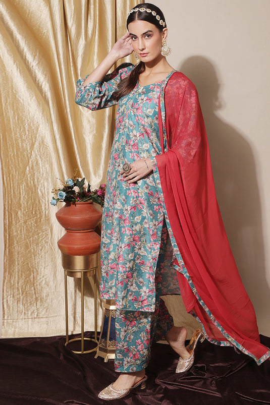 Sky Blue Muslin Printed Daily Wear Salwar Suit