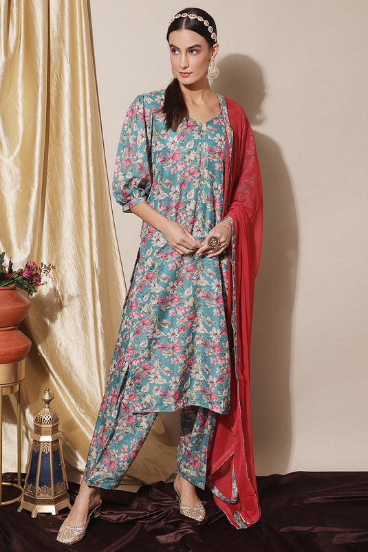 Sky Blue Muslin Printed Daily Wear Salwar Suit