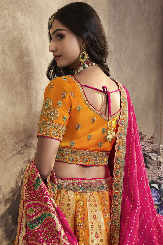 Tempting Silk Fabric Mustard Color Bridal Lehenga With Sequins Work