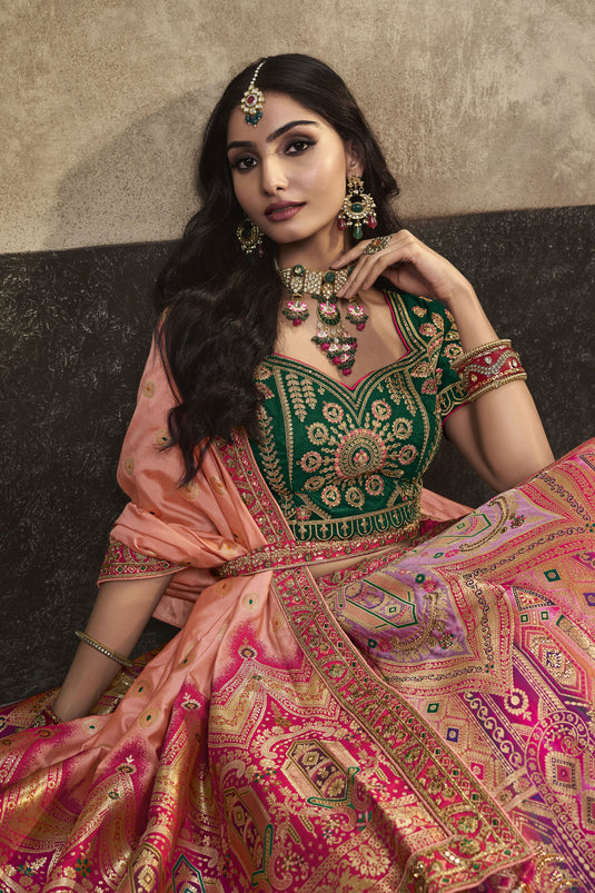 Sequins Work Glamorous Bridal Lehenga In Peach Color Silk Fabric