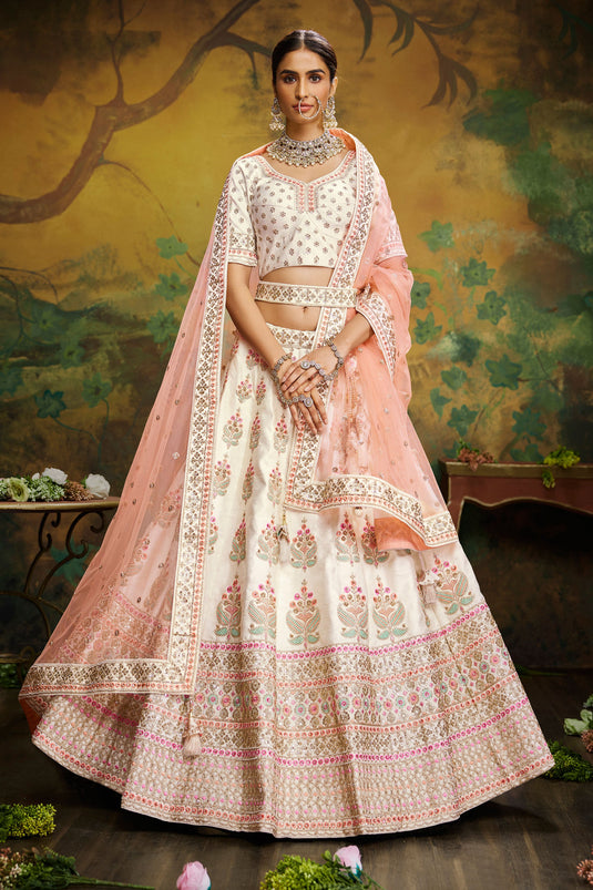 Embroidery Work On Off White Designer 3 Piece Lehenga Choli In Silk Fabric