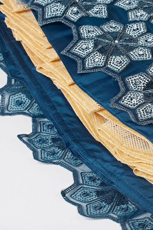 Sequins Work Navy Blue Designer 3 Piece Lehenga Choli In Net Fabric