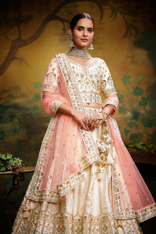 Embroidery Work On Off White Sangeet Wear Silk 3 Piece Lehenga Choli