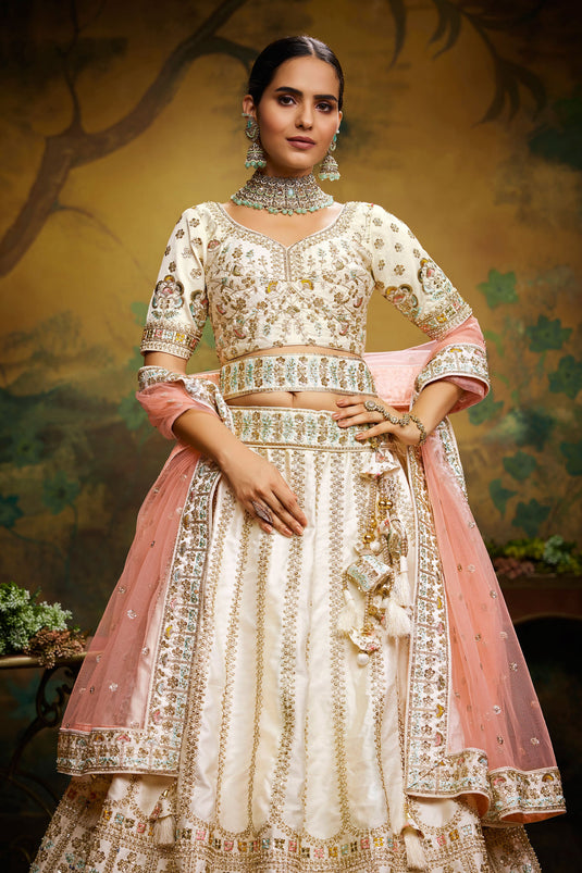 Embroidery Work On Off White Sangeet Wear Silk 3 Piece Lehenga Choli