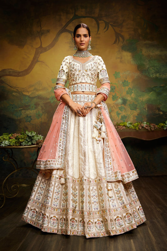 Embroidery Work On Off White Sangeet Wear Silk 3 Piece Lehenga Choli