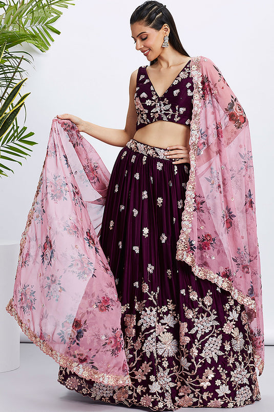 Sequins Work Burgundy Designer Lehenga Choli In Georgette Fabric