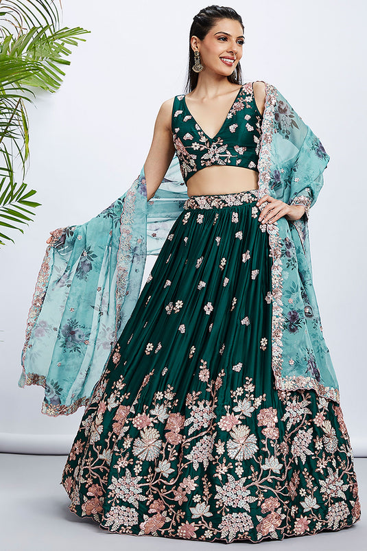 Sequins Work Green Bridal Lehenga In Georgette Fabric with Designer Choli