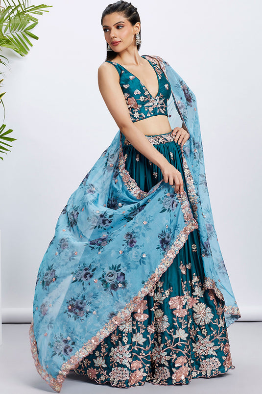 Teal Georgette Wedding Wear 3 Piece Lehenga Choli With Sequins Work