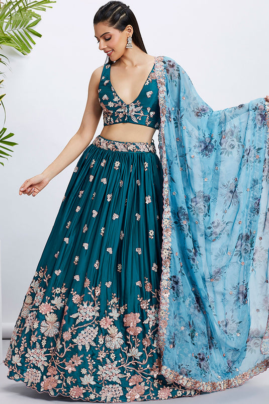 Teal Georgette Wedding Wear 3 Piece Lehenga Choli With Sequins Work