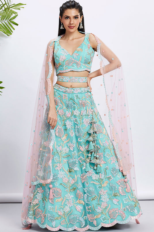 Turquoise Blue Net Sangeet Wear Lehenga Choli With Sequins Work