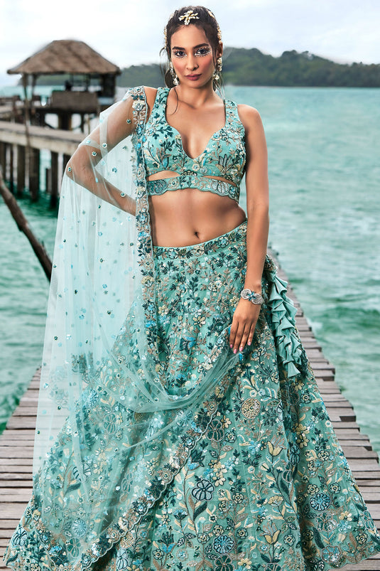 Sequins Work On Turquoise Blue Designer Lehenga In Organza Fabric With Beautiful Blouse