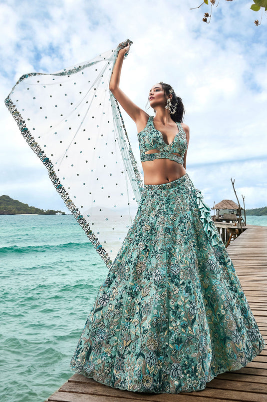 Sequins Work On Turquoise Blue Designer Lehenga In Organza Fabric With Beautiful Blouse