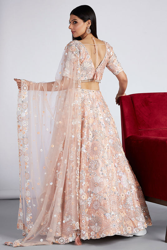 Organza Wedding Wear Chaniya Choli In Peach With Sequins Work And Designer Blouse