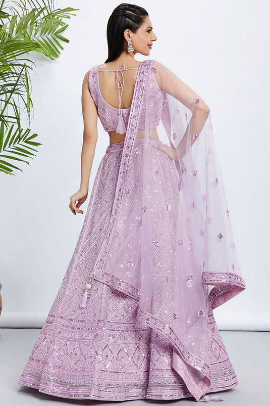 Lavender Net Reception Wear 3 Piece Lehenga With Sequins Work And Embellished Blouse