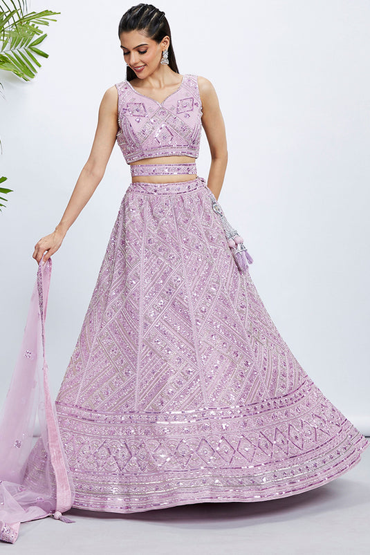 Lavender Net Reception Wear 3 Piece Lehenga With Sequins Work And Embellished Blouse